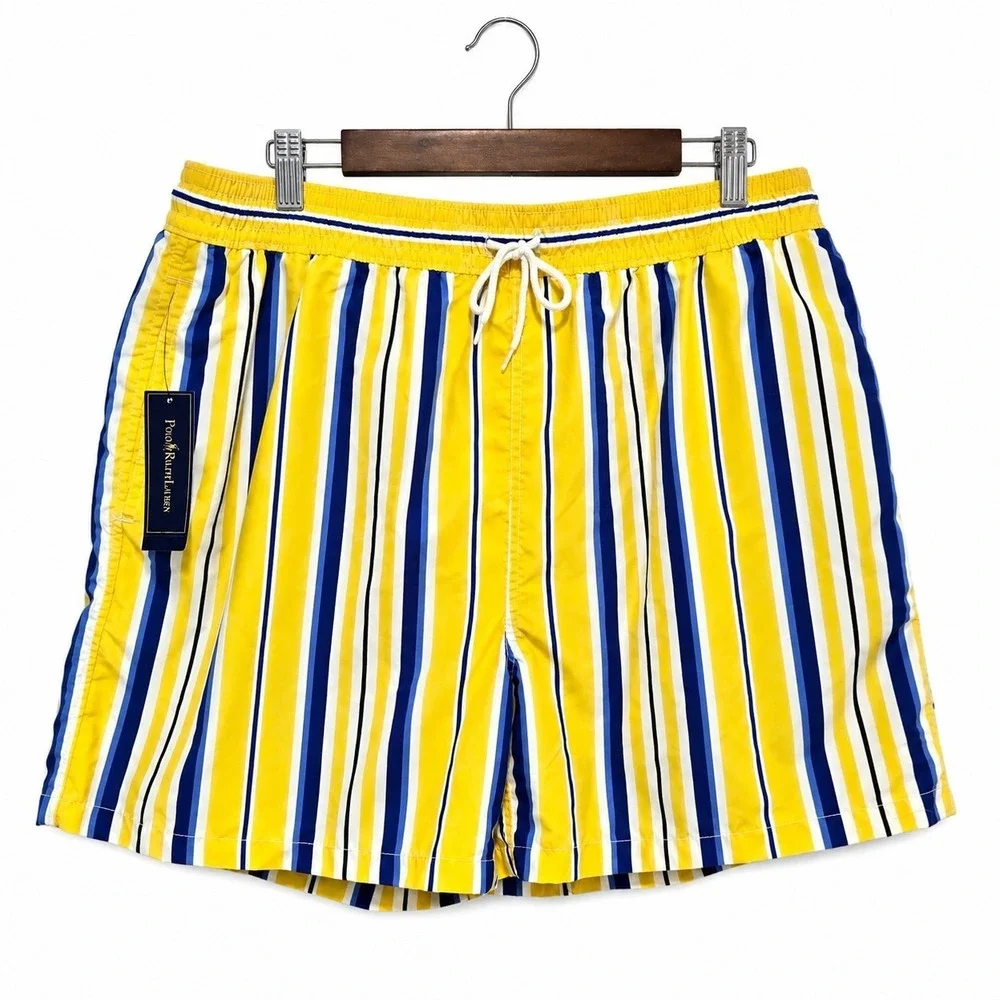 Polo Ralph Lauren Mens Yellow Blue Striped Swim Trunks Beach Shorts XXL‎